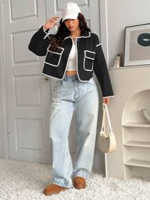 SHEIN EZwear 大码复古拼色黑色翻领短夹克，秋冬 - 黑色 - 查看 4