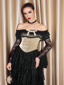Vintamour Vintage Elegant Women Floral Jacquard Off Shoulder Long Sleeve Flared Cuff Lace Contrast Ruffle Bow Tie Party Festival Strapless Corset Blouse Winter Women Clothes Women Corsets Thanksgiving Women Outfit Winter Outfits Christmas Women Clothes Christmas Outfits Christmas Women Dress Christmas Party Dress Christmas Top Christmas Shirt Christmas Dress Christmas Clothes New Year Eve Dress Thanksgiving Dress Winter Tops Holiday Dress