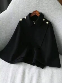 Chiquease 女式黑色披肩优雅复古简约时尚可爱不对称节日派对万圣节圣诞节保暖防风短款秋冬斗篷外套 - 黑色 - 查看 8