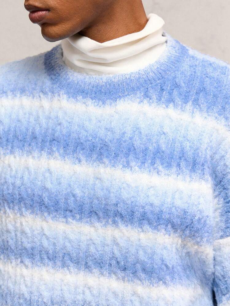 Men's Loose Fit Crew Neck Oversized Color Block Long Sleeve Knit Cable Knit Sweater, Suitable For Autumn/Winter, Vacation, Old Money Men, Boyfriend Gift
