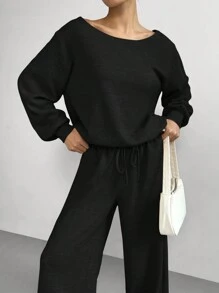 SHEIN Tall CURVE Plus Size Women Plain Oblique Shoulder Long Sleeve Top And Pants Casual Suit - Black - View 4