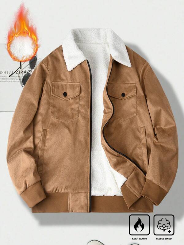 Manfinity Homme Plus Size Men's Contrast Color Collar Long Sleeve Zip Up Thermal Lined Casual Jacket, Autumn/Winter