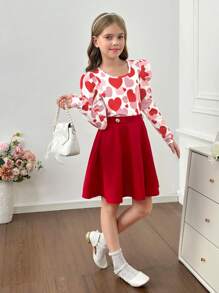 SHEIN Tween Girls Elegant Red Heart Print Gigot Sleeve T-Shirt And Metal Button Decor Ruffle Hem A-Line Skirt 2 Pieces Set