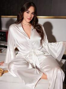 SilkySpell Plus Size Sheer Patchwork Flare Sleeve Belted Robe & Wide Leg Pants Pajama Set, Faux Silk, Fall Winter Clothes - White - View 3