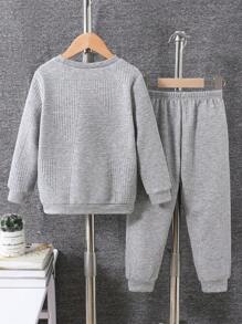 SHEIN 2pcs/Set Young Boy Casual Comfortable Textured Fabric Round Neck Sweatshirt And Sweatpants Set, Suitable For Spring/Autumn - Grey - View 2