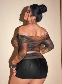 SHEIN ICON 大码女式露肩褶皱扎染印花针织上衣 - 彩色 - 查看 2