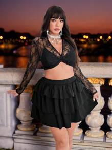 Allurite 2pcs Set - Sexy Cute Lace Top And Minimalist Skirt - Black - View 5