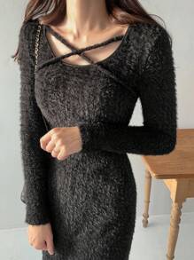 FRIFUL Women's Solid Color Long Sleeve Simple Mid-Length Fitted Dress, Casual Daily Wear