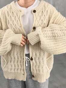 FRIFUL 女士纯色落肩长袖单排扣宽松休闲开衫，适合秋冬季，秋季女装 - 杏色 - 查看 4