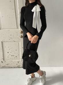 FRIFUL Women's Bow Knot Color-Block Splicing Stand Collar Long Sleeve Simple Casual Sweater Dress,Fall Women Clothes - Black - View 4