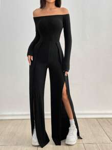 SHEIN Unity Black Off Shoulder Long Sleeve Straight Jumpsuit With Front High Slit, Fleeced Ribbed Fabric, Fashionable Casual Plain Style For Women In Autumn - Black - View 5
