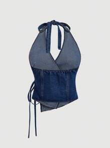 SHEIN MOD Women's Simple Backless Tie Up Denim Casual Blouse For Everyday Wear