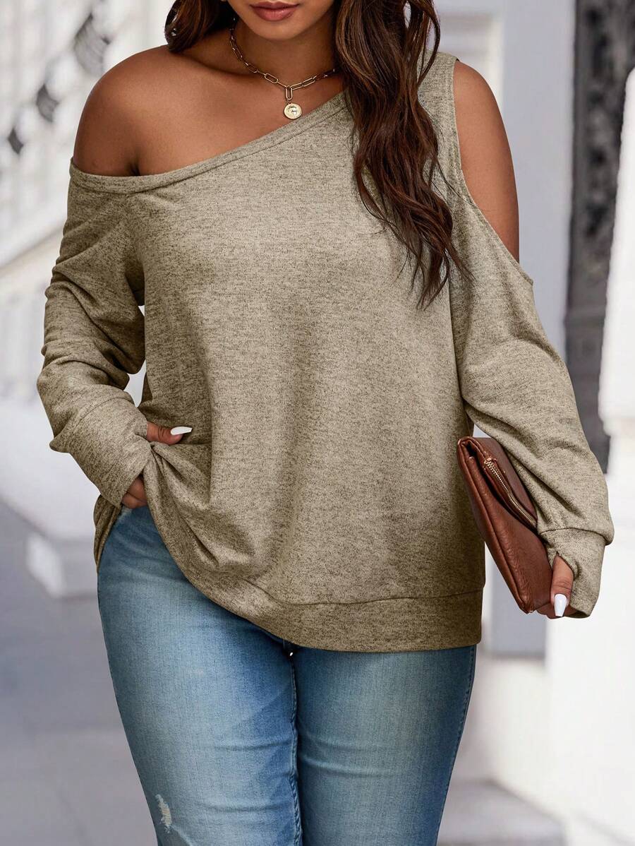 Calvaya 大码女式不对称领纯色长袖休闲卫衣，秋季，毕业季，教师节，返校季套头衫 - 杏色 - 查看 1