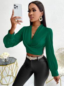 SOLERSUN Women's Solid Color V-Neck Long Sleeve Casual Top - Dark Green - View 4