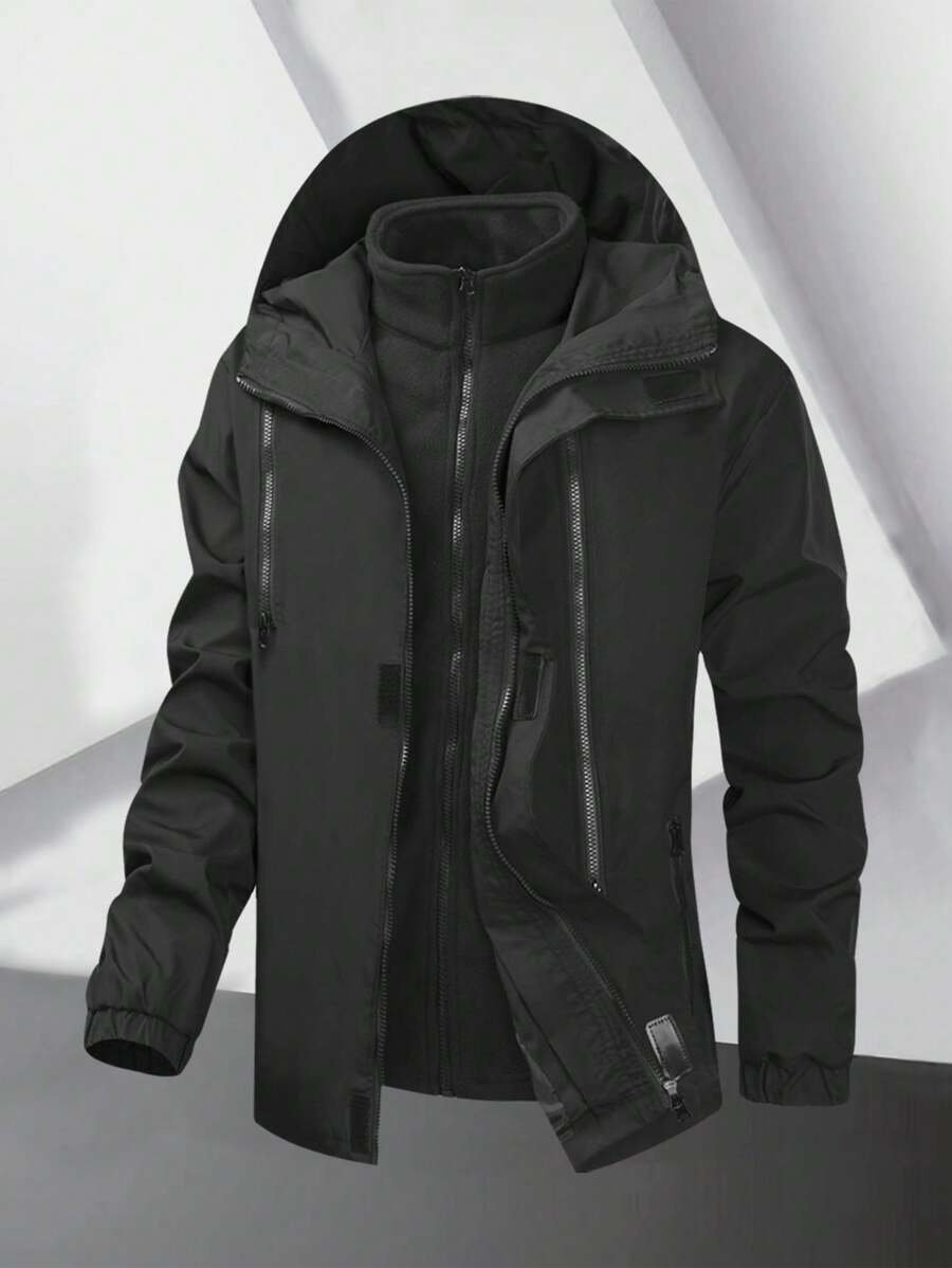 Manfinity Homme 男士纯色拉链休闲连帽夹克秋季外出黑色长袖夹克，适合朋友、丈夫、男朋友的礼物 - 黑色 - 查看 1