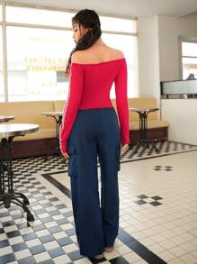 SHEIN Explorewe 2pcs/Set Teen Girl Off-Shoulder Long Sleeve Numeric Print Minimalist Blouse & Pants Set - Red - View 2