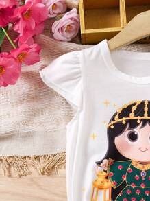 SHEIN 2 件套女孩中东束腰外衣 Abaya Kaftan Jalabiya 斋月卡通女孩印花紫红色玫瑰花卉褶皱裤和白色盖袖 T 恤、红色阔腿裤，春夏舒适服装 - 彩色 - 查看 7