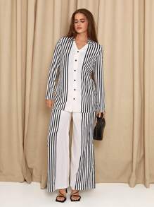 SHEIN Clasi Women Striped Long Sleeve Single Breasted Long Shirt And Wide Leg Pants Casual Loose Suit, Autumn