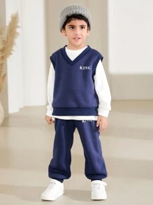 SHEIN 3pcs/Set Young Boy Fashion Outfit With Long Sleeve Sweatshirt,Letter Printed V-Neck Vest & Matching Pants,Autumn,Career Day,Back-To-School Essentials - Multicolor - View 3