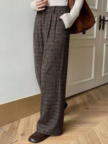 DAZY Pleated Wide Leg Floor Length Plaid Pants For Women,Fall Clothes