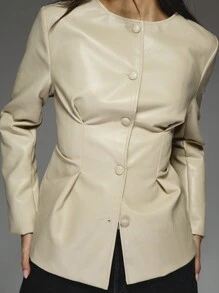 MISSGUIDED Sleek Fitted Faux Leather Button Up Blazer Professional Office Wear Fall Winter Statement Piece Modern Fashion Evening Outerwear Sophisticated Design - Apricot - View 5