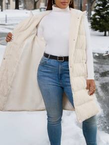 SHEIN LUNE Plus Size Women's Long Hooded Sleeveless Coat,Extra Thick Warm White Autumn Casual Hiking Padded Jackets,Full Zip Parkas With Pockets Winter Coats - Apricot - View 5