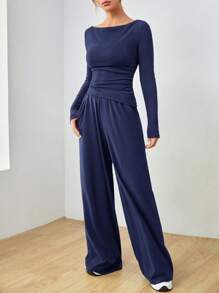 SHEIN EZwear Dệt kim Của phụ nữ Thon gọn Cổ thuyền Tay áo dài Áo Và Quần ống rộng Bộ - Màu xanh hải quân - Xem 5