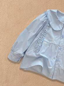 SHEIN 女童法式甜美长袖荷叶边罩衫 - 淺藍色 - 查看 4