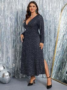 SHEIN Clasi 大码 V 领长袖休闲开衩直筒连衣裙