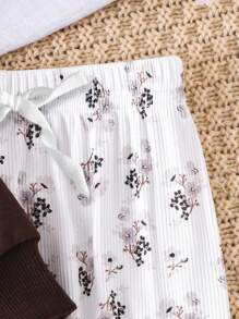 2 件装女婴欧美风格休闲套装，字母印花圆领套头连帽衫 + 全长裤，秋季新品 - 咖啡棕 - 查看 3