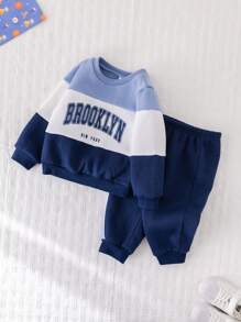 Cozy Pixies 2 pièces Ensemble de sweat-shirt col rond en tricot doux avec imprimé lettre bicolore et pantalon de jogging pour bébé garçon