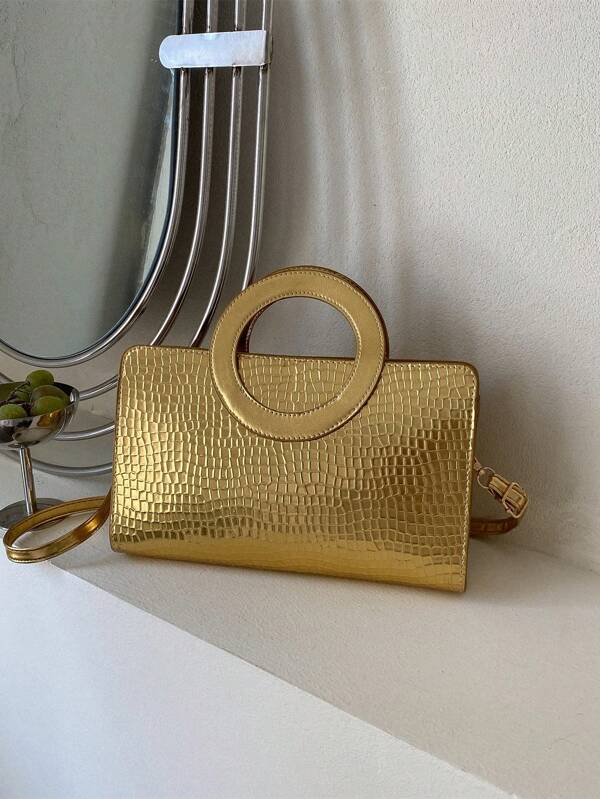 Bolsa Quadrada de Anel Superior com Estampa Metalizada de Crocodilo, Casual Elegante, Perfeita para Escritório, Faculdade, Trabalho, Negócios, Transporte, Ar Livre, Viagens, Passeios, Estilo Punk e de Rua, Ideal para Adolescentes, Mulheres, Estudantes Universitários, Iniciantes e Trabalhadores de Colarinho Branco