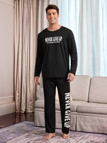 CoupledUp Letter Print Casual Pullover Short Sleeve Pants Men's Pajama Set - Black - View 4
