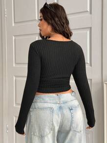 Solflare 大码秋冬罗纹腰褶黑色 T 恤