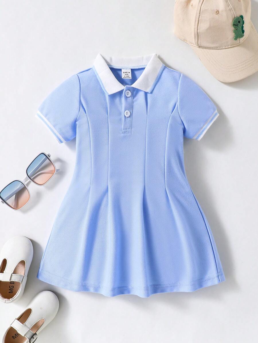 SHEIN Playful Pals Đầm tay ngắn cổ xẻ mùa hè cho bé gái - Màu xanh nhạt - Xem 1