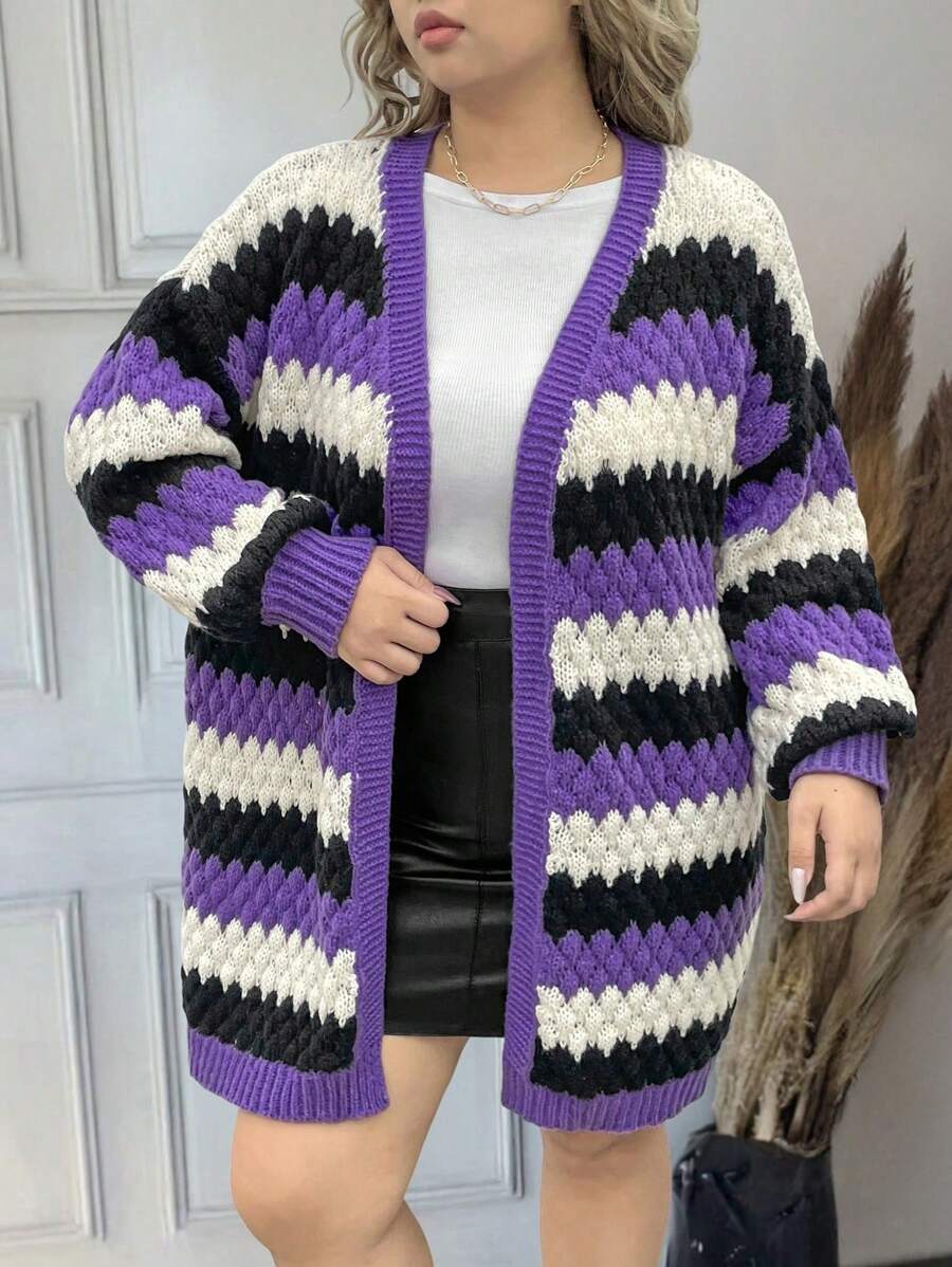 Calvaya Plus Size Women Contrast Color Textured Loose Knitted Cardigan, Casual Autumn/Winter Fall Cloth For Women