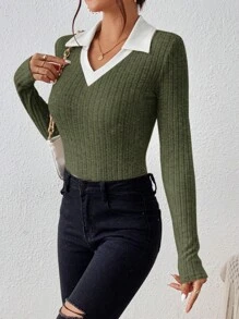 SHEIN Frenchy Contrast Collar Ribbed Textured Fabric Patched Knit Tee