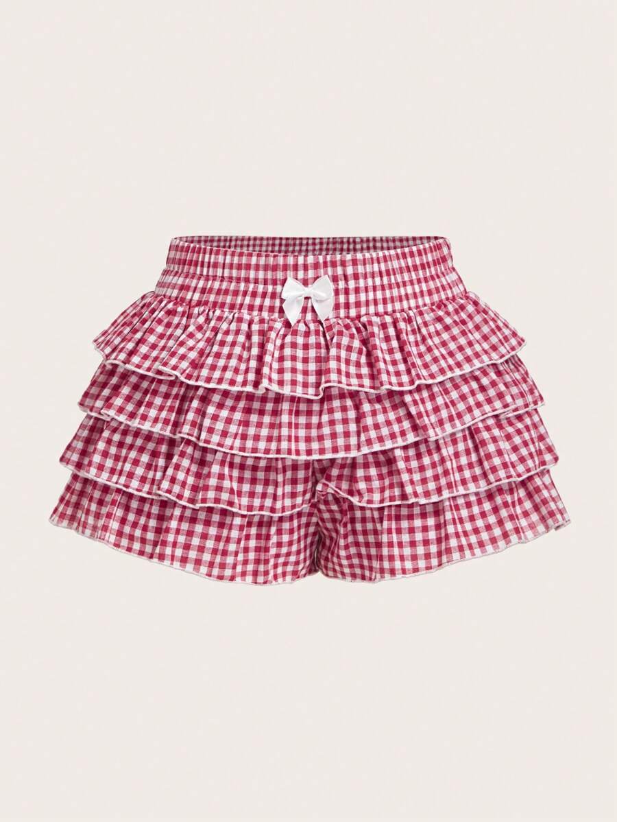 SHEIN MOD 休闲低腰格子紧身荷叶边女式超短裤返校服女式蓝白平角短裤简约日常