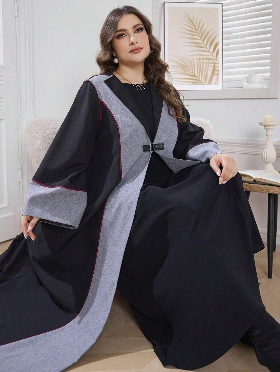 Al Najma 大码女士伊斯兰休闲连衣裙，休闲朴素长袖开襟长袍，适合日常休闲 - 黑色 - 查看 1