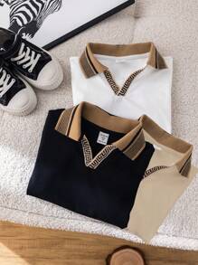 3 pièces/set Polo tricoté à manches longues et col côtelé, style décontracté pour garçon. Convient pour l'école, le jardin, la plage, les anniversaires, les saisons de printemps/été/automne/hiver - Multicolore - Voir 7