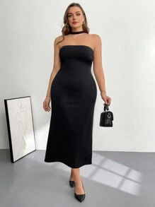 SHEIN Privé 大码女士性感优雅连衣裙、露背连衣裙、派对连衣裙、裹臀鱼尾连衣裙、大蝴蝶结连衣裙、约会连衣裙、优雅女士连衣裙正式连衣裙节日连衣裙黑色万圣节连衣裙 - 黑色 - 查看 1
