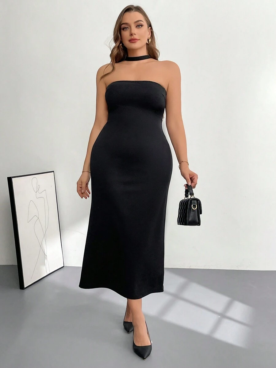 SHEIN Privé 大码女士性感优雅连衣裙、露背连衣裙、派对连衣裙、裹臀鱼尾连衣裙、大蝴蝶结连衣裙、约会连衣裙、优雅女士连衣裙正式连衣裙节日连衣裙黑色万圣节连衣裙 - 黑色 - 查看 1