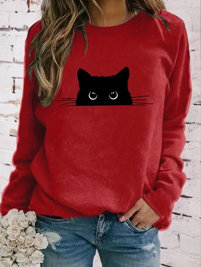 INAWLY Camiseta casual de manga larga con cuello redondo y estampado de gato para mujeres, para ropa de Año Nuevo, camisetas gráficas para mujeres, tops para primavera y otoño