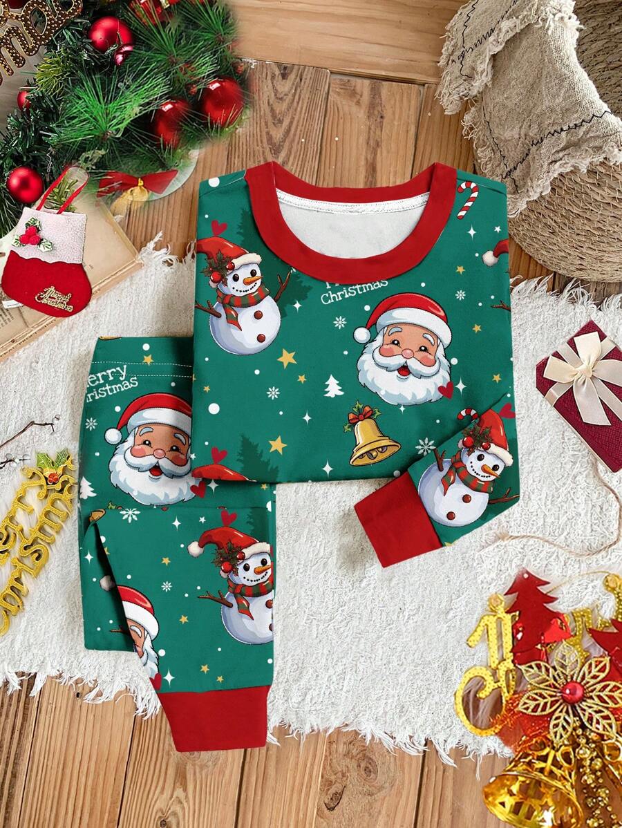 男婴圣诞元素图案修身舒适长袖T恤和长裤睡衣套装，秋冬款