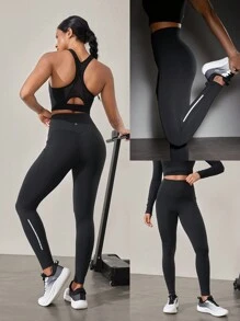 GLOWMODE 26" Powersculpt Running Leggings Side Pockets Reflective Medium Impact Training Workout Quick Dry Moisture Wicking Cool Feeling - Black - View 6