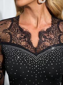 SHEIN Clasi 女士性感 V 领蕾丝水钻闪光长袖派对 T 恤 - 黑色 - 查看 2
