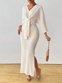 Celisse Women's Solid Color Long Sleeve V-Neck Tie Front Split Casual Dress Maxi Women Outfit - Apricot - View 6