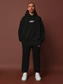 SUMWON Regular Fit Overhead Hoodie With Applique & Flare Fit Sweatpants 2 Piece Set - Black - View 1