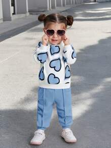 SHEIN Leap Crew Baby Girl Cute Heart Pattern Sweatshirt With Elastic Waist Solid Color Long Pants Set, Autumn/Winter - Blue and White - View 3