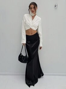 Aloruh 女士纯色长袖扭纹前部简约休闲上衣，日常穿着 - 白色 - 查看 3